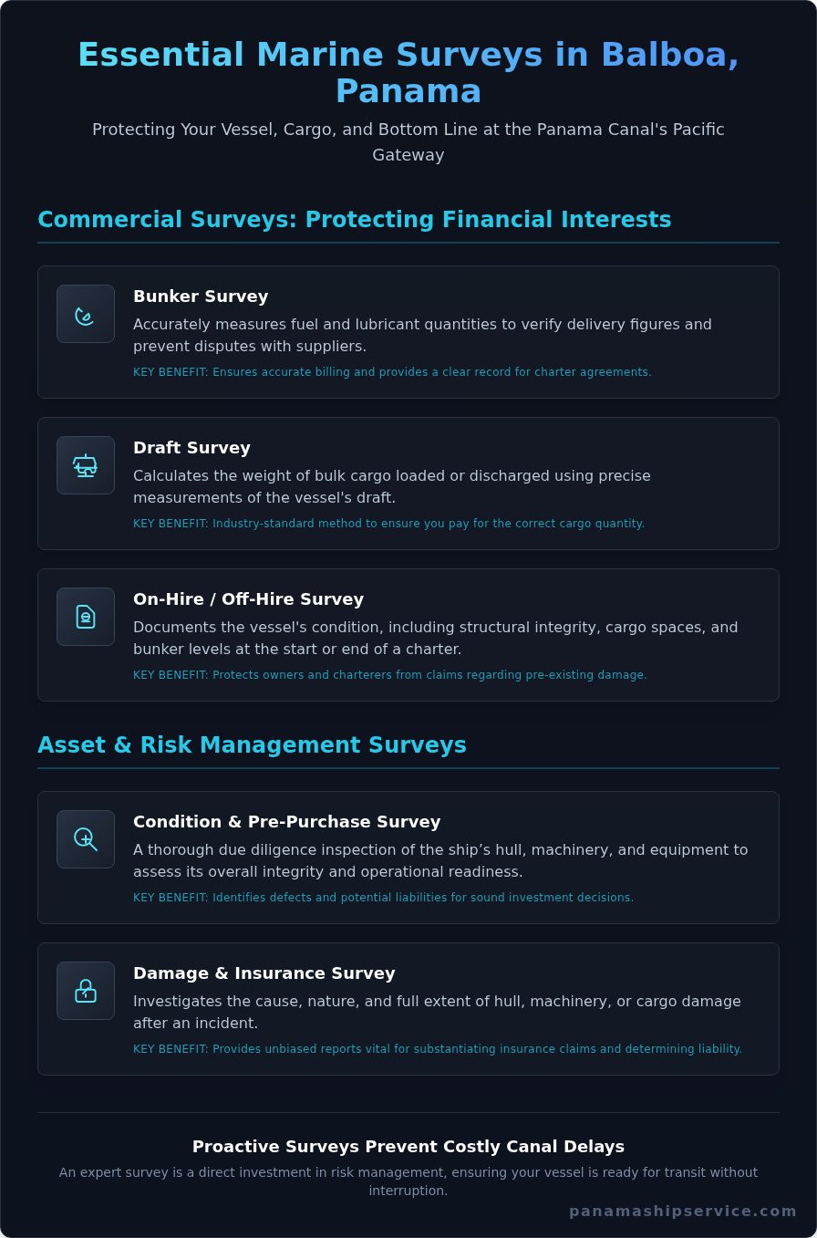 Comprehensive Marine Surveys in Balboa, Panama: Your Trusted Partner at the Canal - Infographic