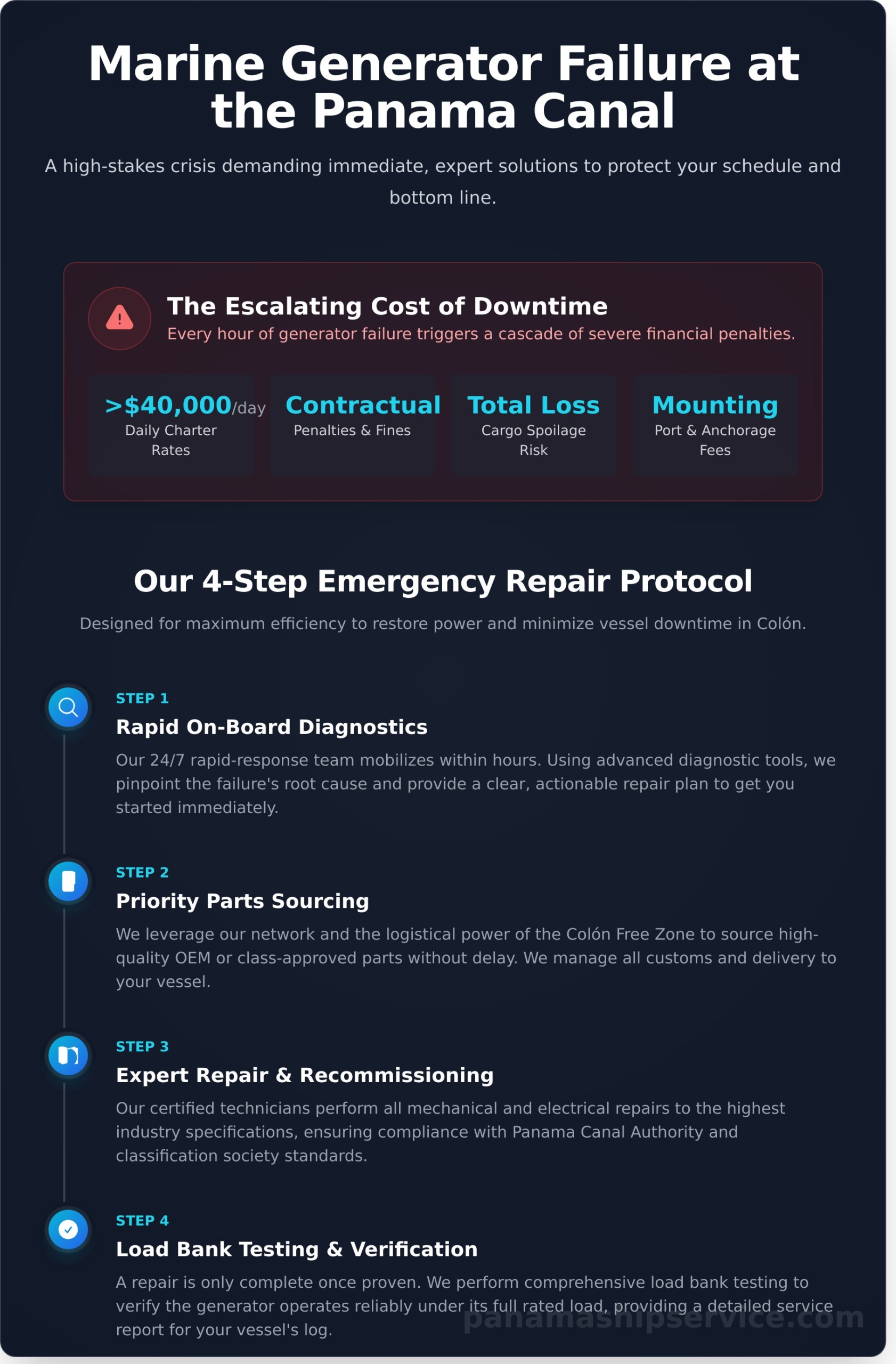 Expert Marine Generator Repair in Colón for Minimal Downtime - Infographic