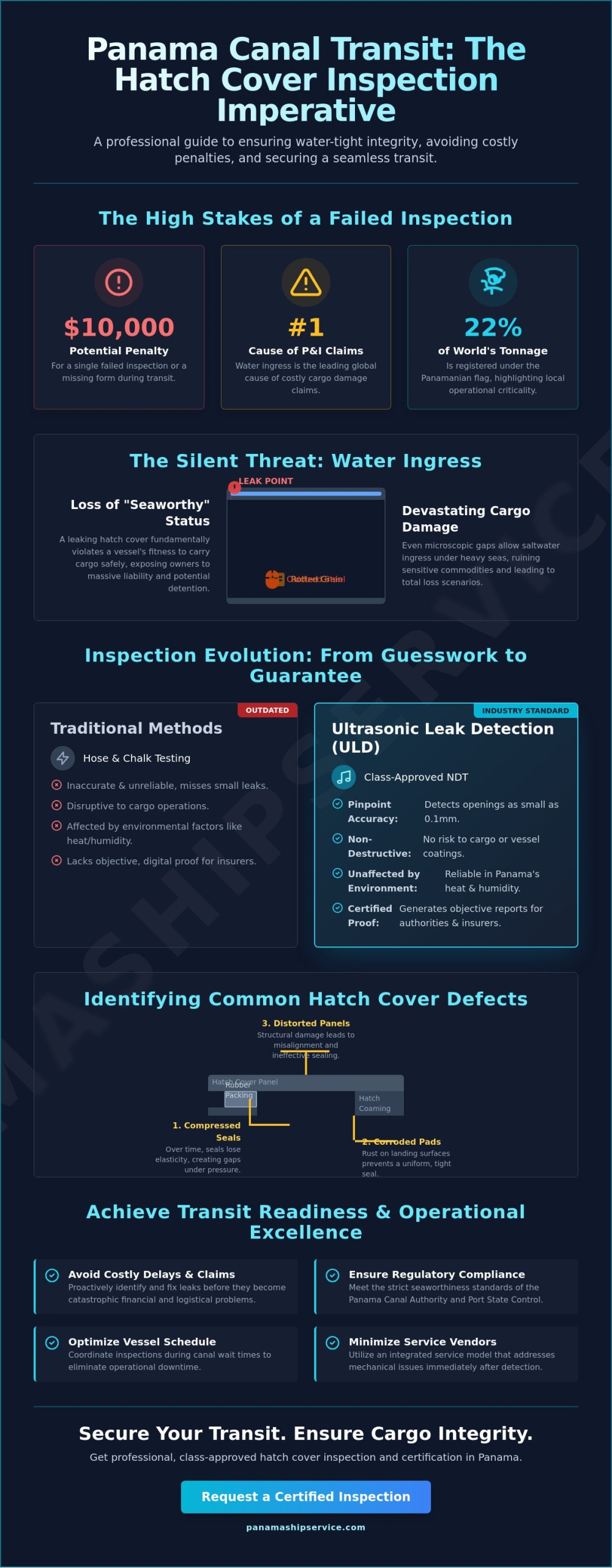 Hatch Cover Inspection Services: Ensuring Seaworthiness and Cargo Integrity in Panama - Infographic