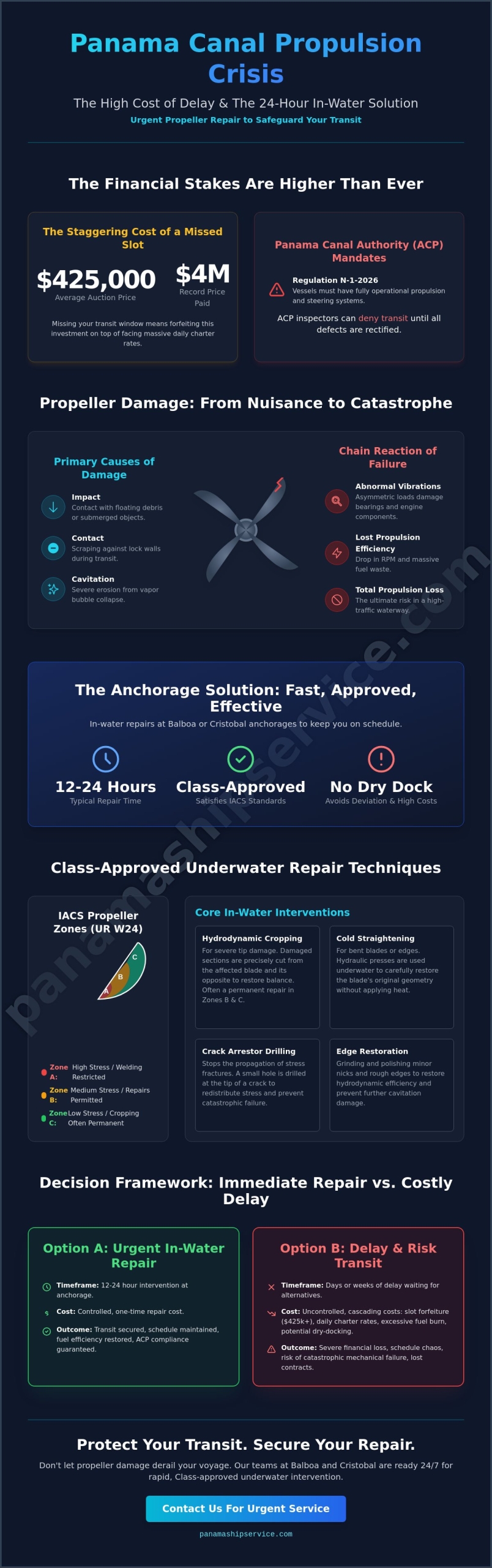 Urgent Propeller Repair in Panama: Minimizing Downtime and Canal Transit Delays - Infographic